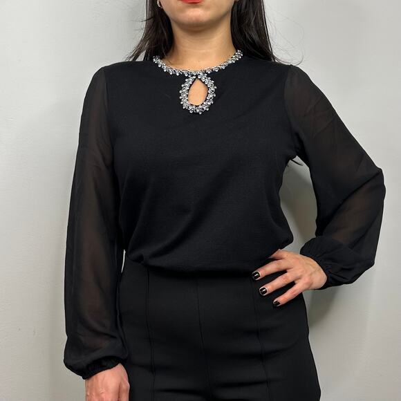 Adrianna Papell Black Crew Neck Keyhole Rhinestone Blouse - Picture 6 of 11